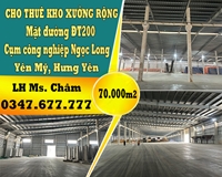 Cho thuê kho xưởng, mặt đường ĐT200, cụm công nghiệp Ngọc Long, Yên Mỹ, Hưng Yên