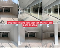 Shophouse mặt tiền rộng 12.5m2 có thể ngăn ra làm 2 mặt bằng. Diện tích 147m2, thiết kế 1 sàn, mua trực tiếp