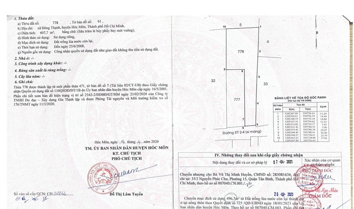 Bán gấp đất thổ cư 607m² Đông Thạnh, Hóc Môn, Sổ đỏ 23 tỷ. LH: 0907983211