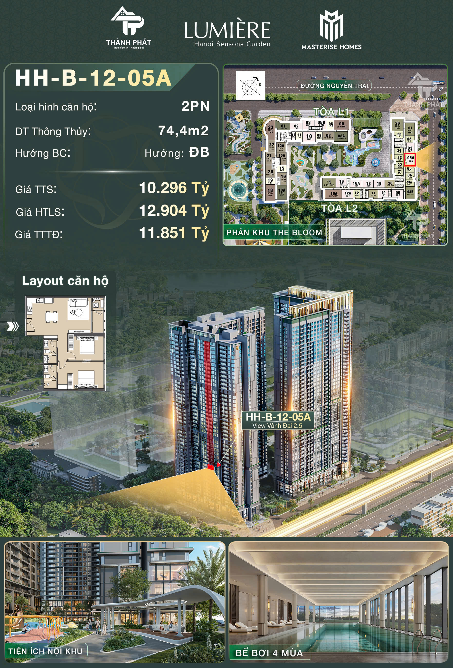 🌳 Căn 1PN View Công Viên Nội Khu 53m² Tại Lumière Hanoi Seasons Garden  Hướng Đông Nam Được Ưa Chuộng