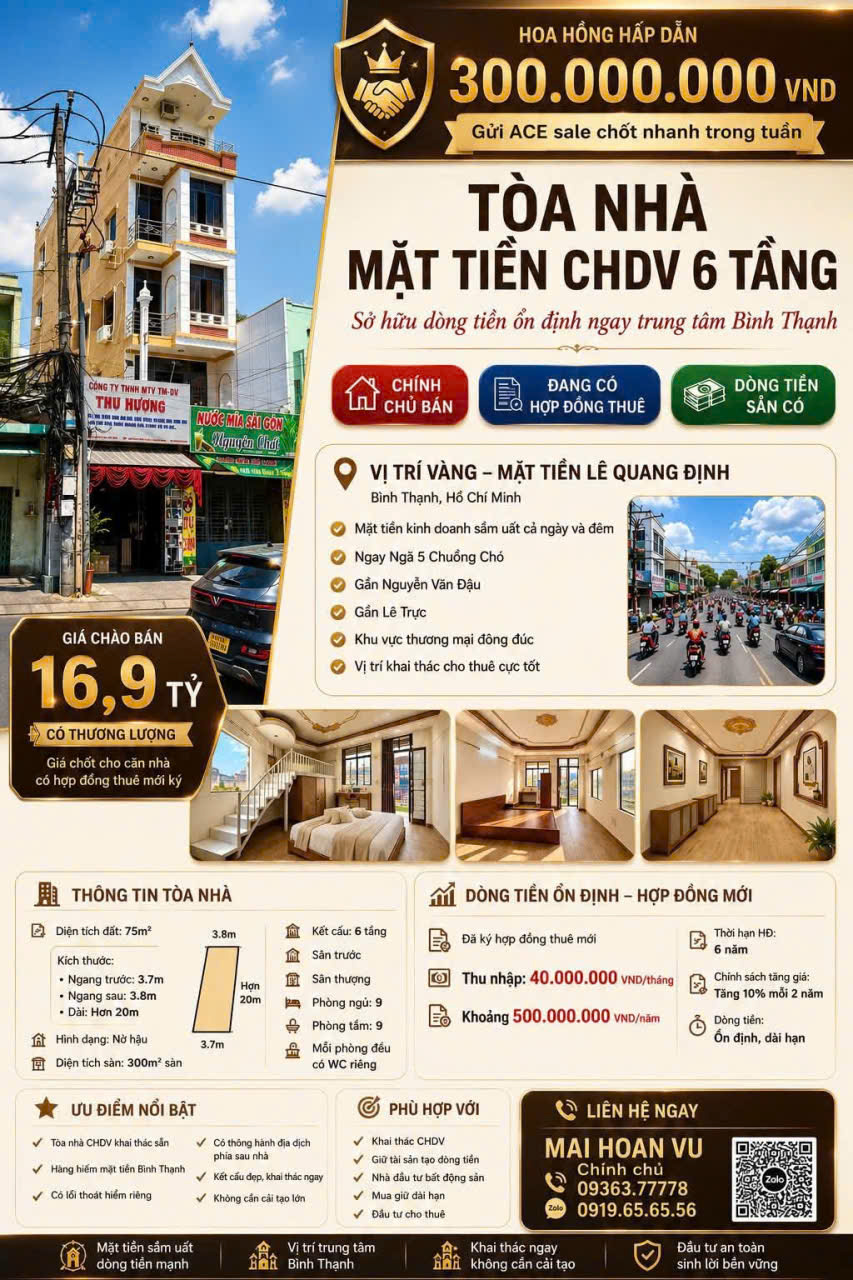 HOT HOT –CẦN BÁN CĂN NHÀ -TÒA NHÀ CHDV 6 TẦNG DÒNG TIỀN ỔN ĐỊNH-MT Lê Quang Định, Bình Thạnh, TP.HCM