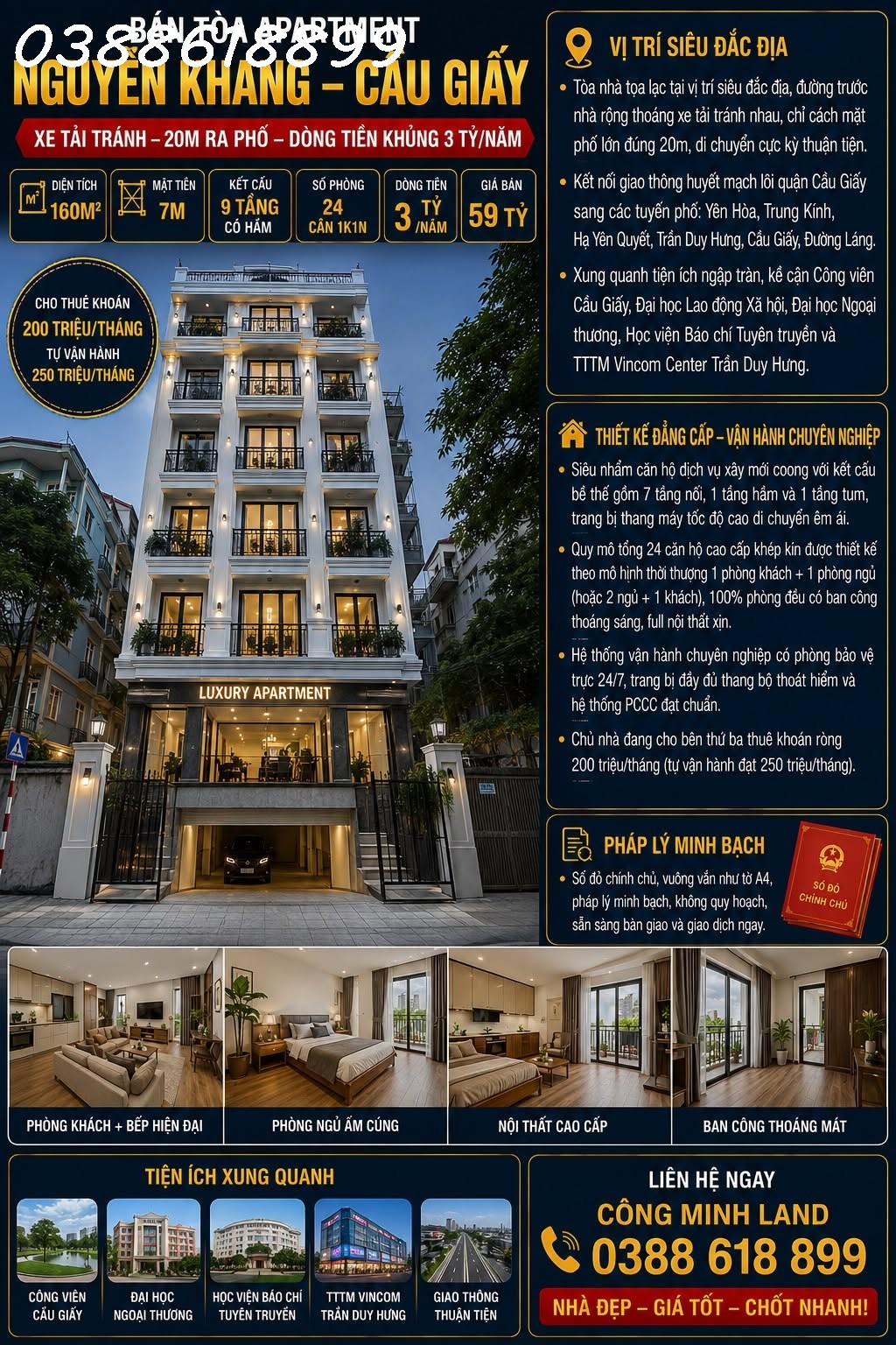 BÁN TÒA APARTMENT NGUYỄN KHANG - CẦU GIẤY - XE TẢI TRÁNH  - DÒNG TIỀN 3 TỶ/NĂM - 160M2 - 9 TẦNG - MT 7M - 59 TỶ