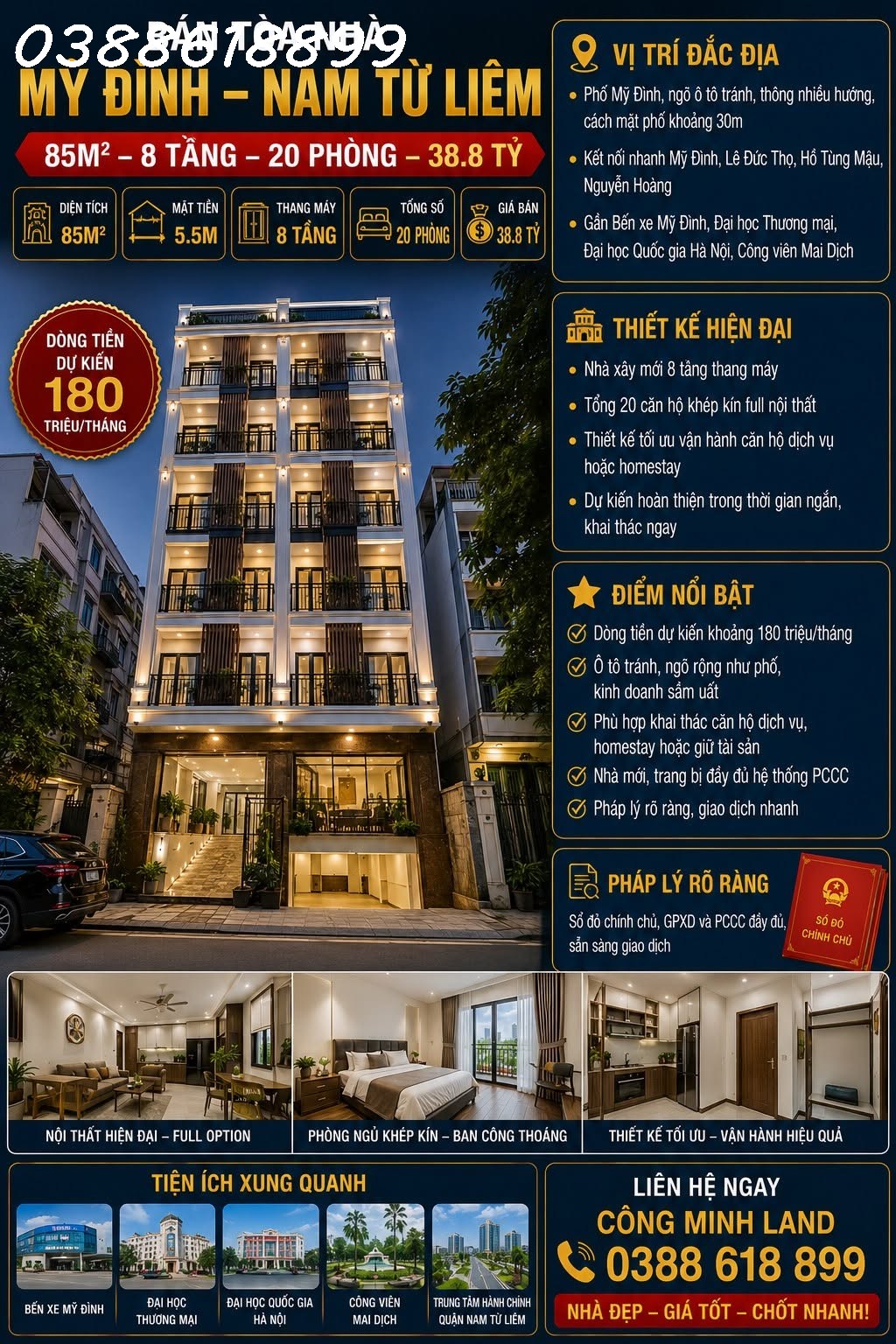 BÁN TÒA NHÀ MỸ ĐÌNH - NAM TỪ LIÊM - 85M² - 8 TẦNG - 20 PHÒNG - DT 180 TR/TH -  38.8 TỶ
