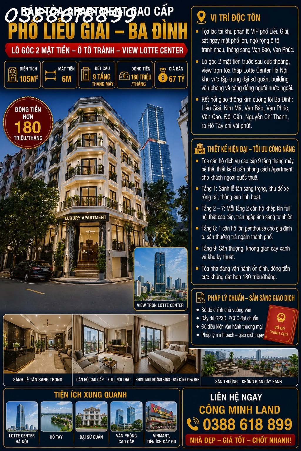 BÁN TÒA APARTMENT LIỄU GIAI - BA ĐÌNH -  Ô TÔ TRÁNH - 9 TẦNG THANG MÁY -DT 180 TRIỆU/THÁNG - 105M² -  67 TỶ