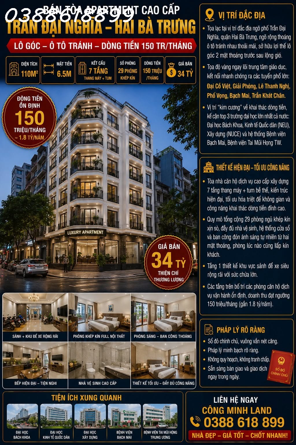 BÁN TÒA APARTMENT TRẦN ĐẠI NGHĨA - HBT - LÔ GÓC - Ô TÔ TRÁNH - DT 150 TR/TH - 110M² - 7 TẦNG TM - 34 TỶ