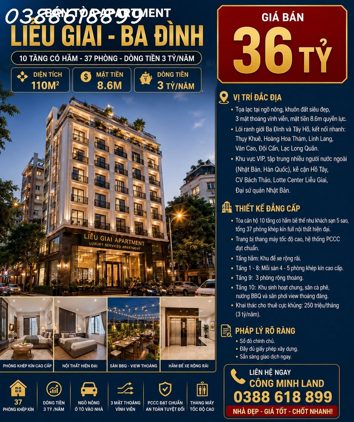 BÁN TÒA APARTMENT LIỄU GIAI - BA ĐÌNH - 10 TẦNG CÓ HẦM - 37 PHÒNG - DT 3 TỶ/NĂM - 110M2 - MT 8.6M - GIÁ 36 TỶ