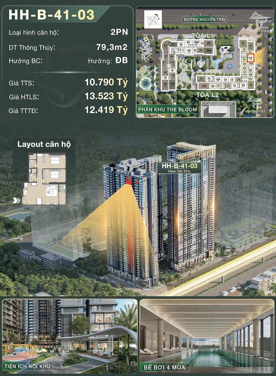 Bán Căn 2PN View Nội Khu Đẹp Nhất Tòa L1 The Bloom  79.3m²  Giá Từ 10.XXX