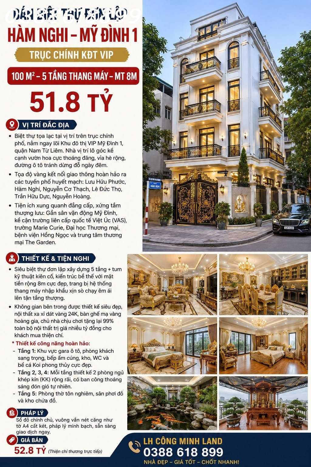 BÁN BT ĐƠN LẬP HÀM NGHI - MỸ ĐÌNH 1 - TRỤC CHÍNH KĐT VIP - 100 M² - 5 TẦNG THANG MÁY - MT 8M - GIÁ 51.8 TỶ