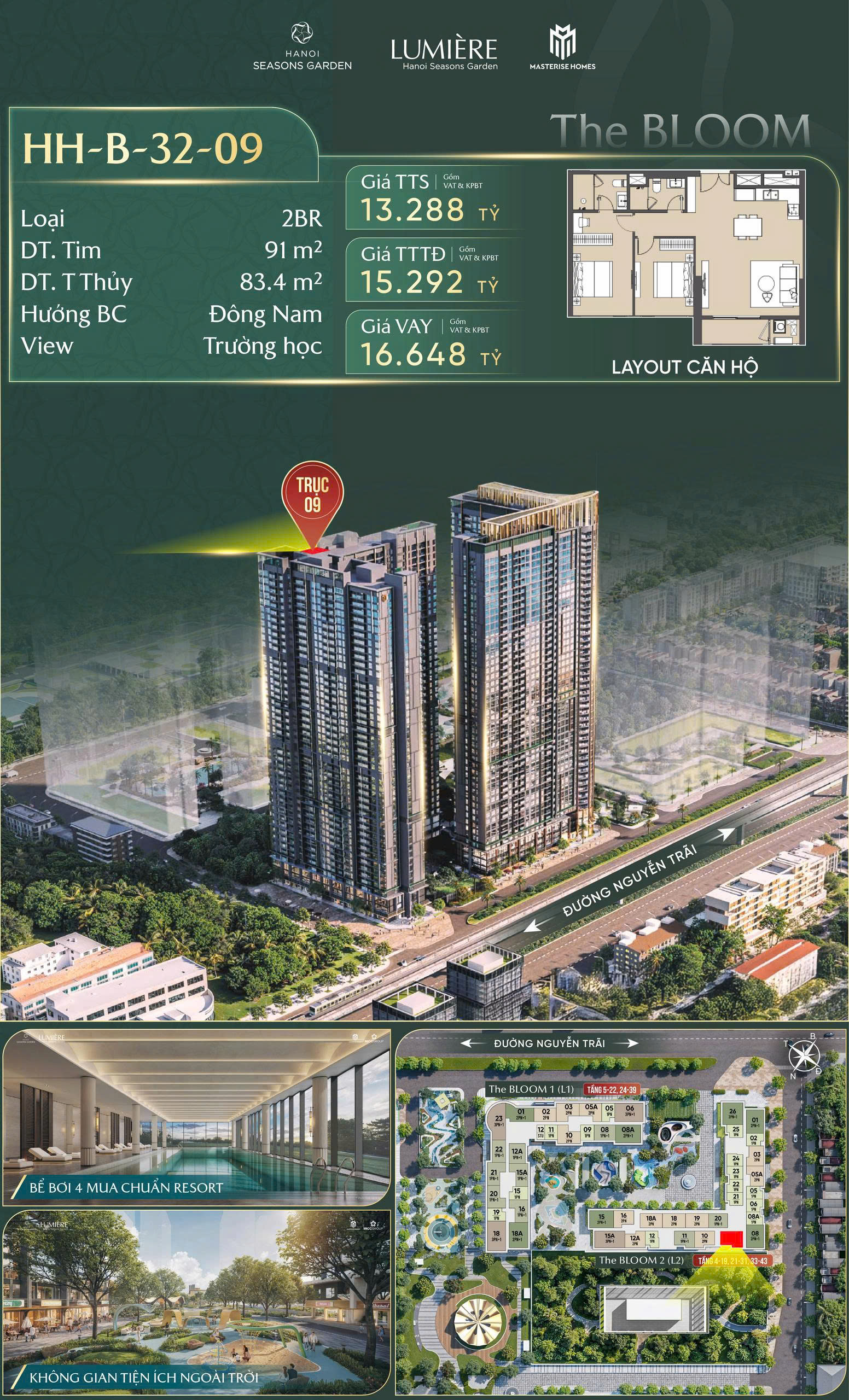 Căn 2PN 91m² Hướng Đông Nam View Trường Học  Giá Từ 13.XXX