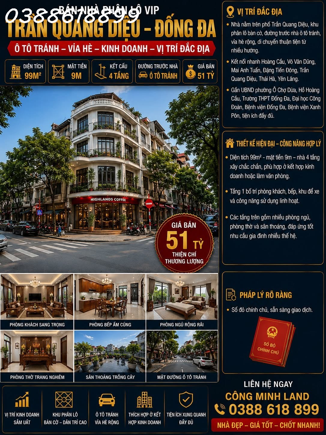 BÁN NHÀ PHÂN LÔ VIP TRẦN QUANG DIỆU - ĐỐNG ĐA - Ô TÔ TRÁNH - VỈA HÈ - KINH DOANH - 99M² - MT 10M - GIÁ 51 TỶ