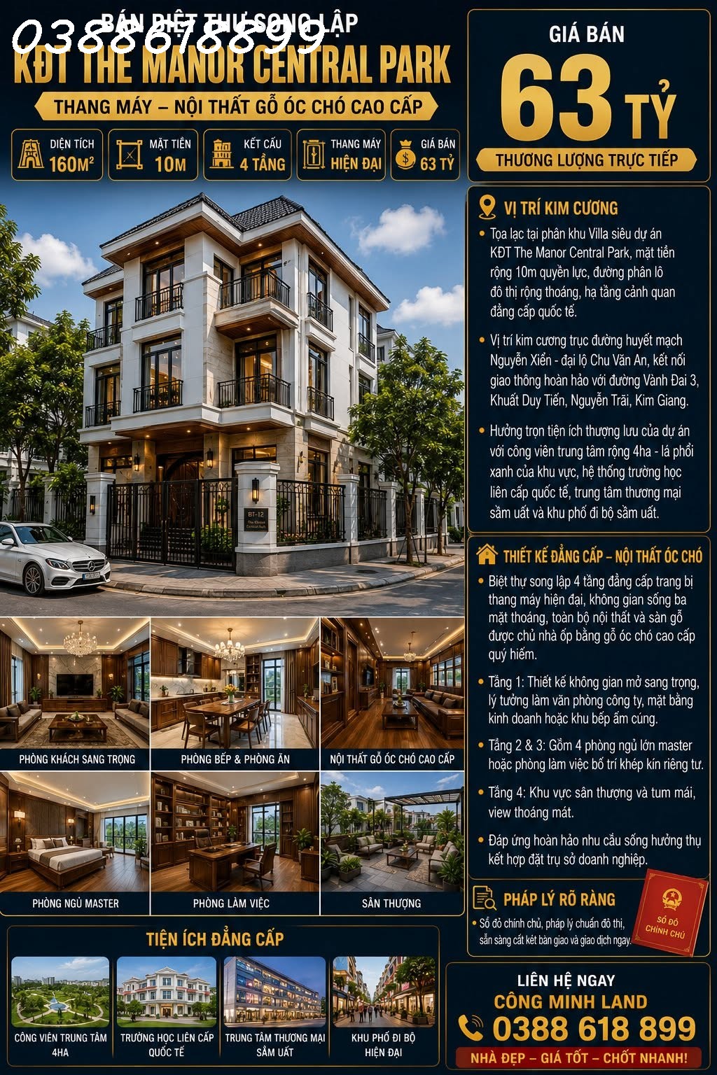 BÁN BIỆT THỰ SL KĐT THE MANOR CENTRAL PARK - THANG MÁY - NỘI THẤT GỖ ÓC CHÓ - 160M2 - MT 10M - 63 TỶ
