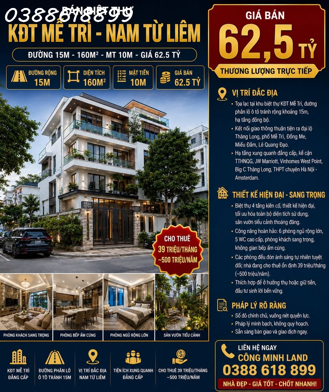BÁN BIỆT THỰ KĐT MỄ TRÌ - NAM TỪ LIÊM - ĐƯỜNG 15M - 160M2 - MT 10M - GIÁ 62.5 TỶ