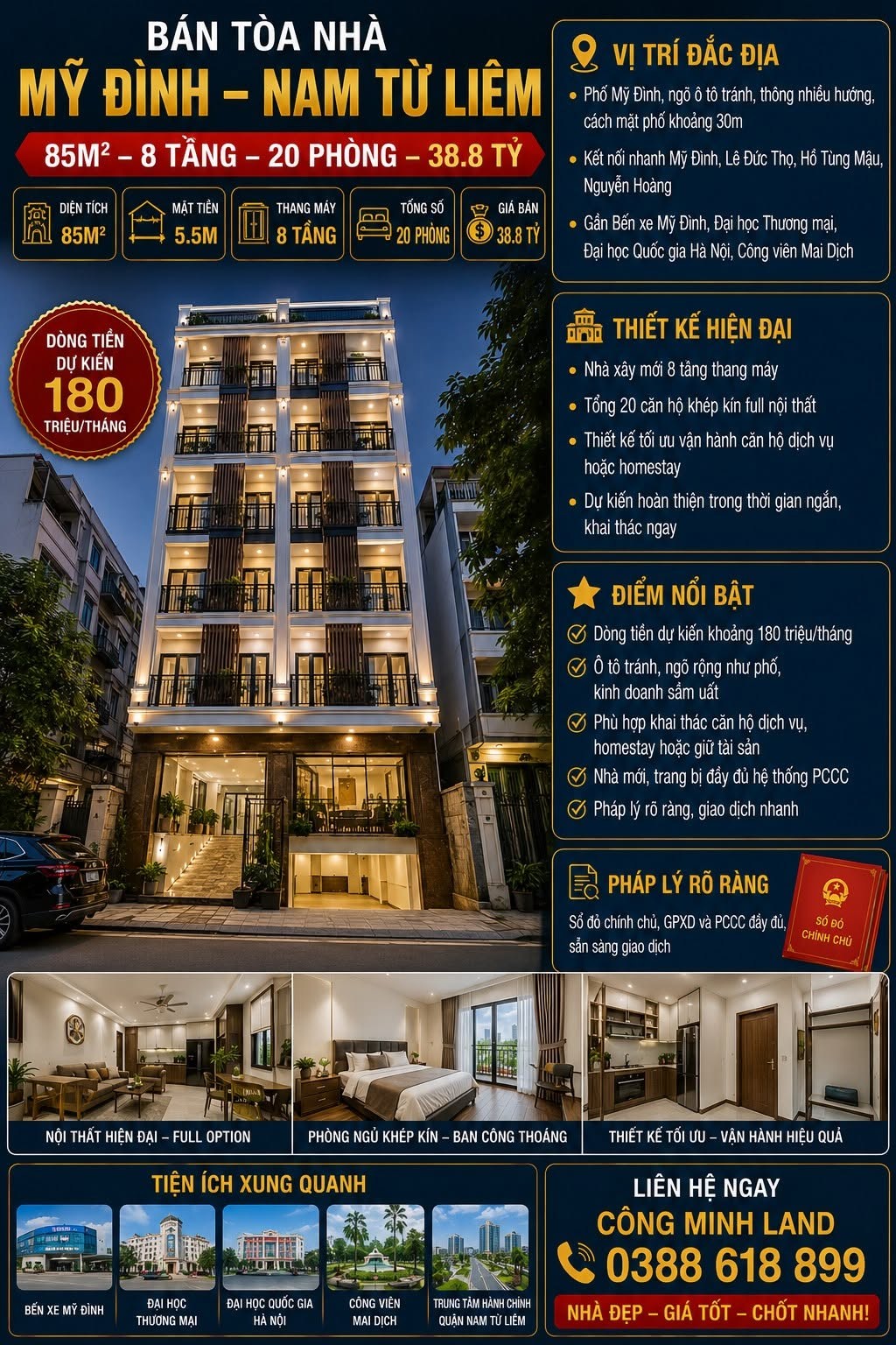 BÁN TÒA NHÀ MỸ ĐÌNH - NAM TỪ LIÊM - Ô TÔ TRÁNH - 85M² - 8 TẦNG - 20 PHÒNG - DT 180 TR/TH - 38.8 TỶ
