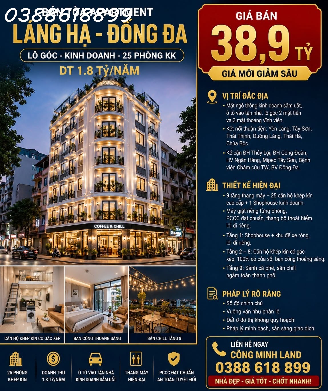 BÁN TÒA APARTMENT LÁNG HẠ - ĐỐNG ĐA - LÔ GÓC - KINH DOANH - 25 PHÒNG KK - DT 1.8 TỶ/NĂM - 100M2 - 9 TẦNG - 38,9TỶ