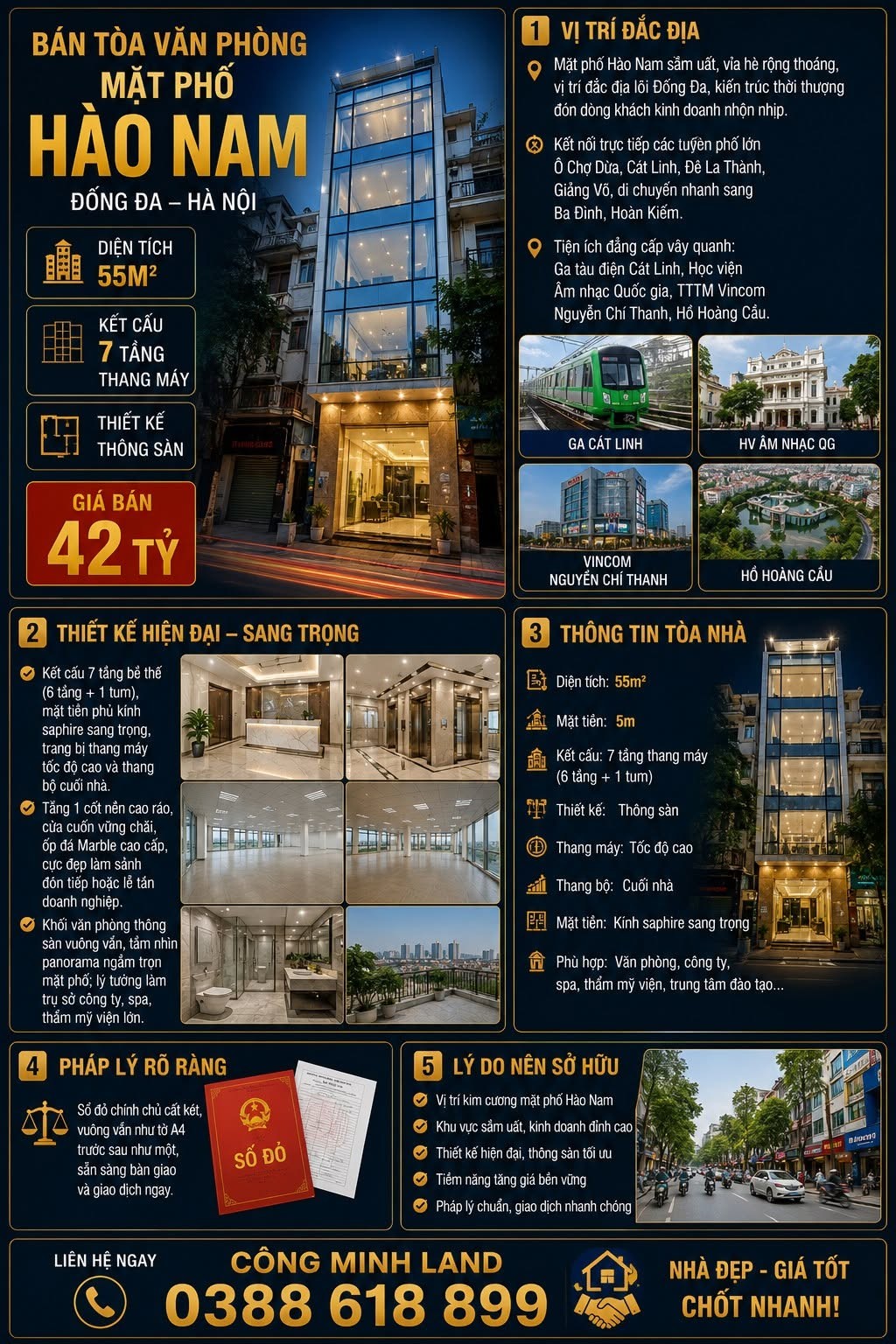 BÁN TÒA VĂN PHÒNG MẶT PHỐ HÀO NAM - ĐỐNG ĐA - THÔNG SÀN - 55M2 - 7 TẦNG THANG MÁY- GIÁ 42 TỶ