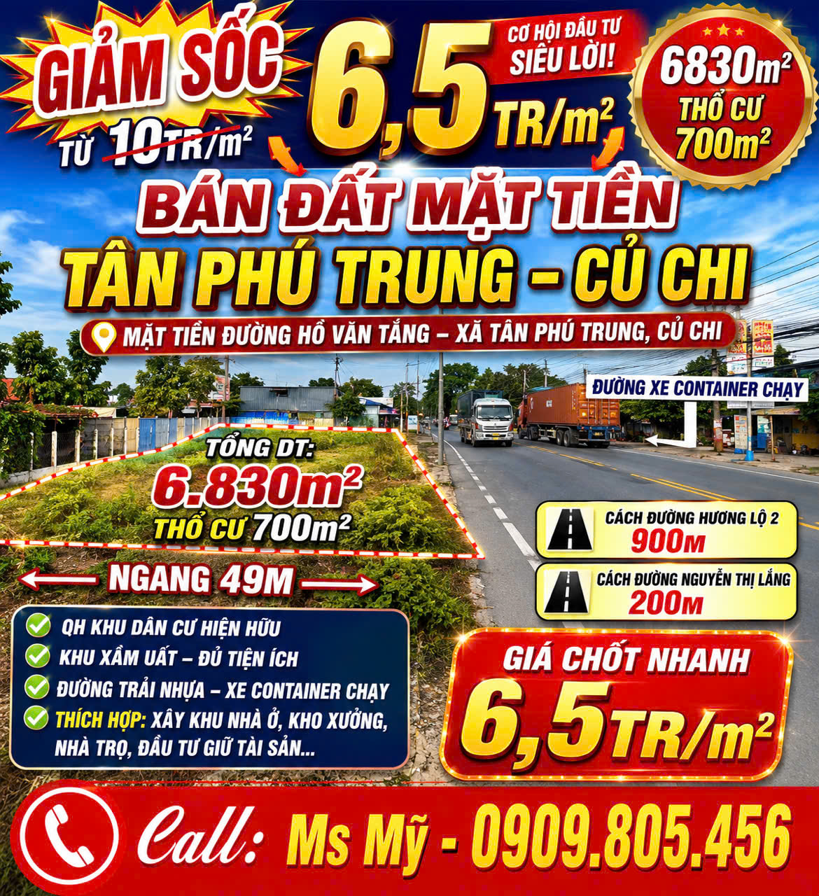 CẮT LỖ HƠN 23 TỶ – 6.830m² MẶT TIỀN HỒ VĂN TẮNG CHỈ 6,5 TRIỆU/M²