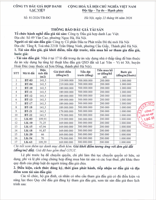 THÔNG BÁO ĐẤU GIÁ - CÔNG TY ĐẤU GIÁ HỢP DANH LẠC VIÊT
CƠ HỘI SỞ HỮU NHÀ Ở TẠI KHU X6 LẠI YÊN - CHÍNH THỨC MỞ BÁN HỒ SƠ TỪ NGÀY 23/06/2026