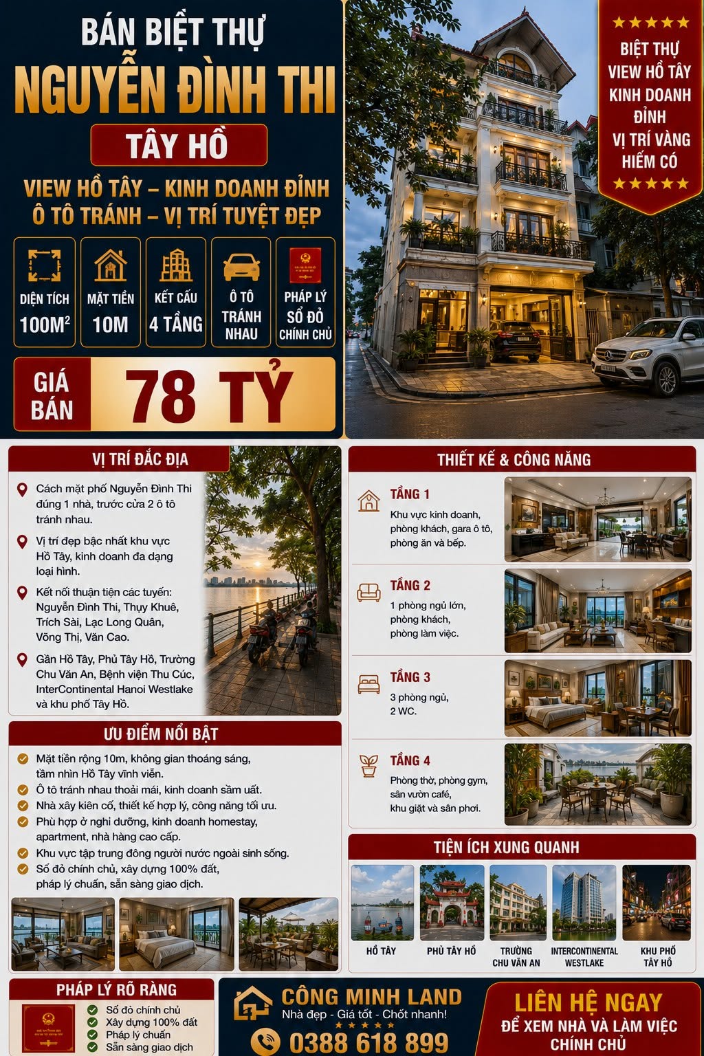 BÁN BIỆT THỰ NGUYỄN ĐÌNH THI - TÂY HỒ - VIEW HỒ TÂY, KINH DOANH ĐỈNH, Ô TÔ TRÁNH - 100M2 - 4 TẦNG - MT 10M - 78 TỶ