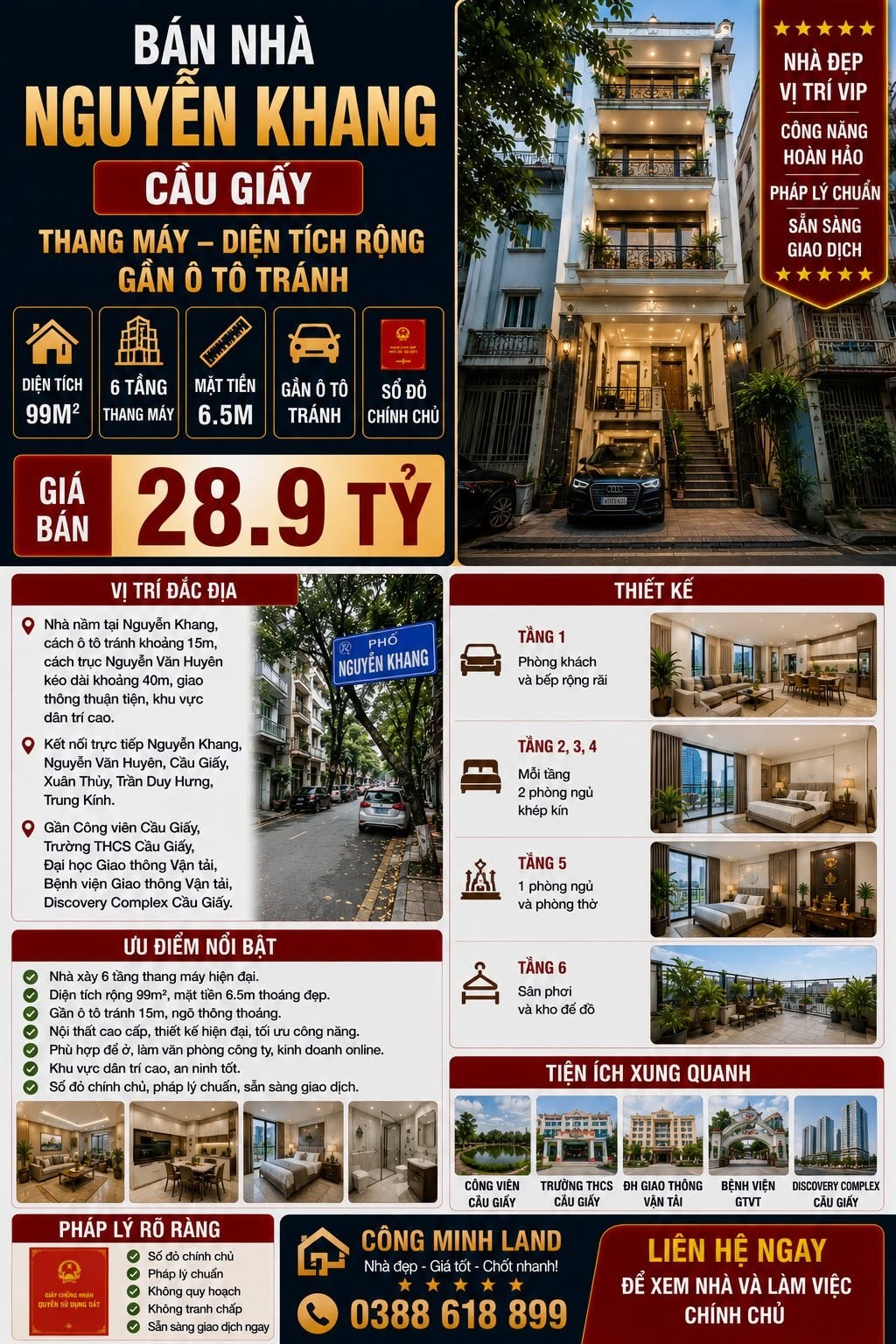 BÁN NHÀ NGUYỄN KHANG - CẦU GIẤY - THANG MÁY, DIỆN TÍCH RỘNG, GẦN Ô TÔ TRÁNH - 99 M2 - 6 TẦNG - MT 6.5M - 28.9 TỶ