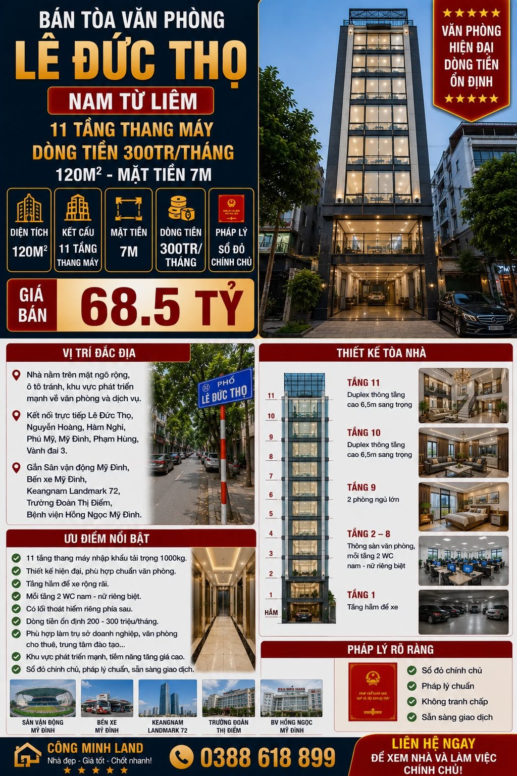 BÁN TÒA VP LÊ ĐỨC THỌ - NAM TỪ LIÊM - 11 TẦNG THANG MÁY, DÒNG TIỀN 300TR/THÁNG - 120M2 - MT 7M - 68.5 TỶ