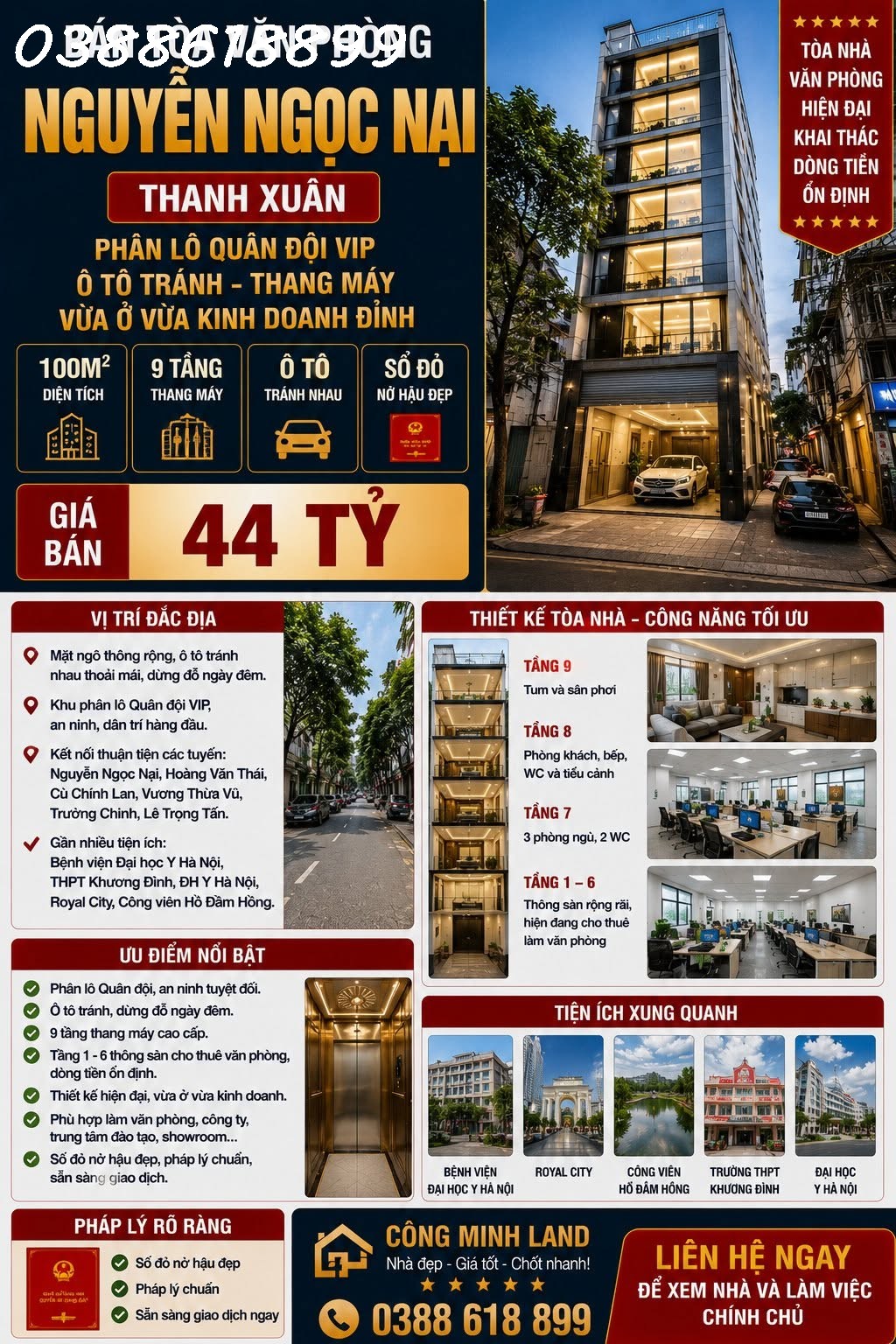 BÁN TÒA VP NGUYỄN NGỌC NẠI - THANH XUÂN - PHÂN LÔ QUÂN ĐỘI, Ô TÔ TRÁNH, THANG MÁY - 100M2 - 9 TẦNG - 44 TỶ