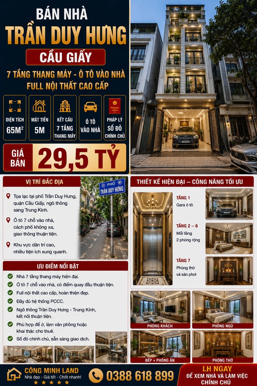 TRẦN DUY HƯNG - CẦU GIẤY 65M² - 7 TẦNG THANG MÁY - Ô TÔ VÀO NHÀ - FULL NỘI THẤT - GIÁ 29,5 TỶ
