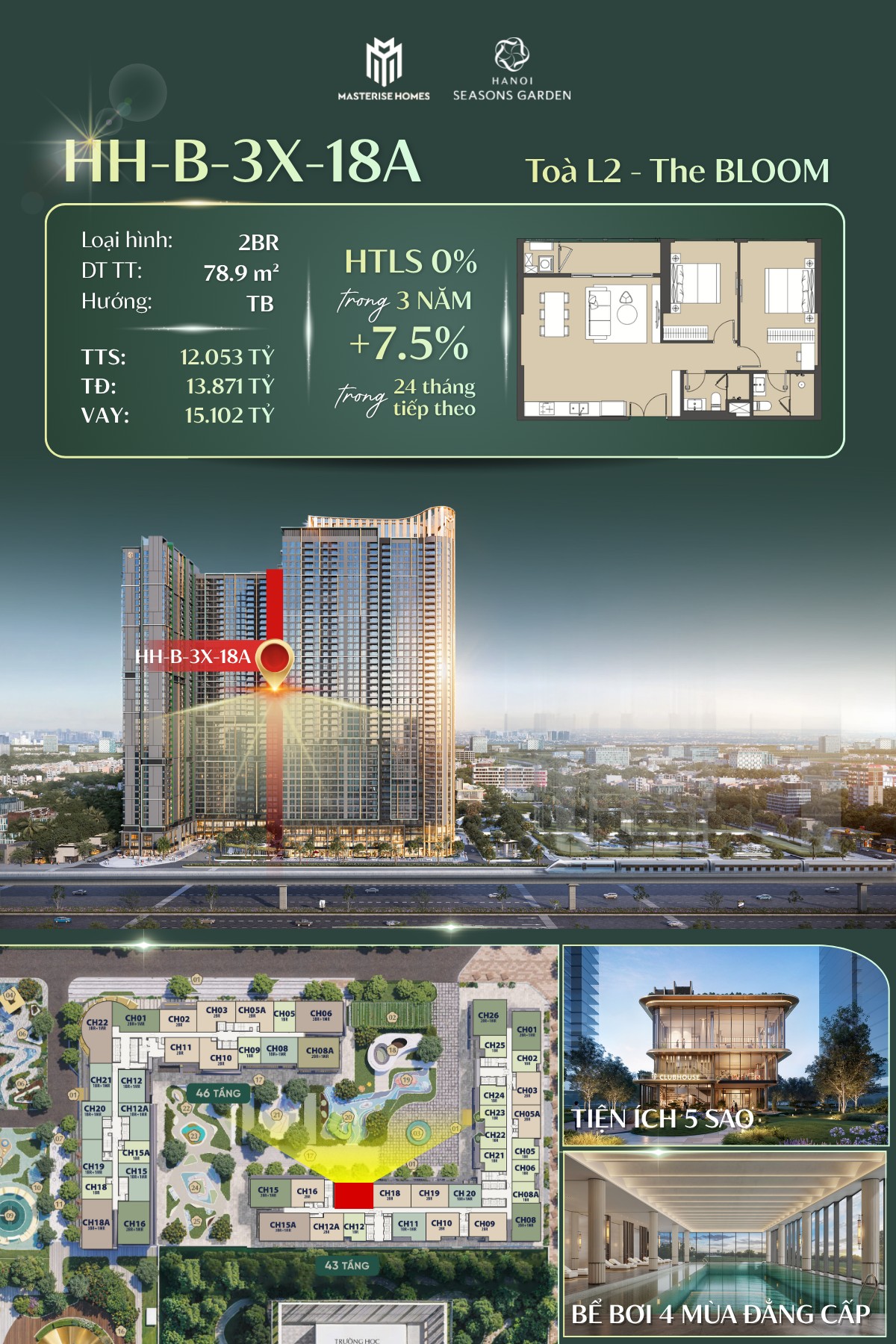 Bán căn hộ 1 ngủ +1 đa năng 90m2 tòa L1 Hanoi Seasons Garden Nguyễn Trãi giá từ 12.5 tỷ