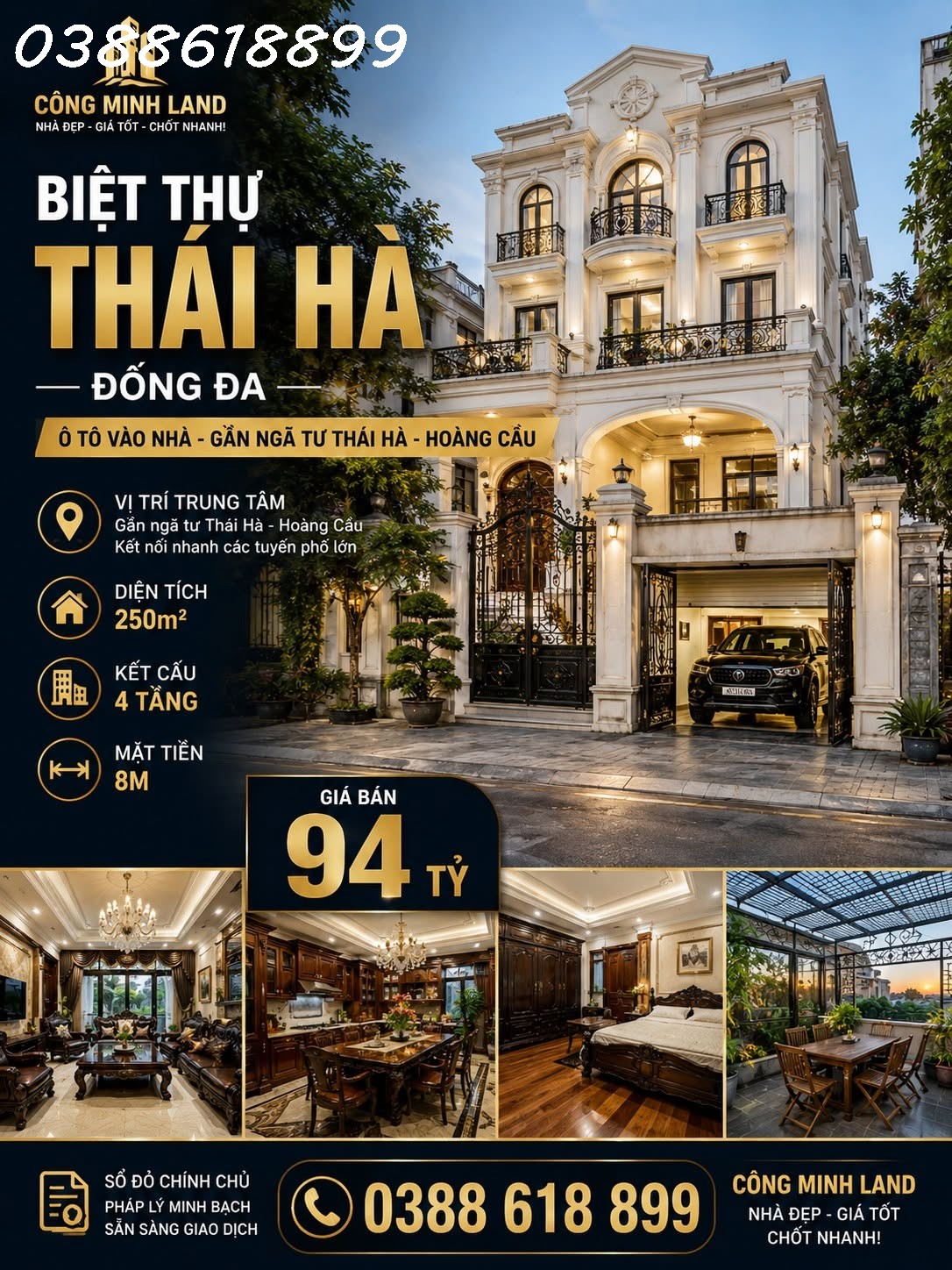 BÁN BIỆT THỰ THÁI HÀ - ĐỐNG ĐA - GẦN NGÃ TƯ THÁI HÀ - HOÀNG CẦU - Ô TÔ VÀO NHÀ - 250M2 - 4 TẦNG - MT 8 M - 94 TỶ