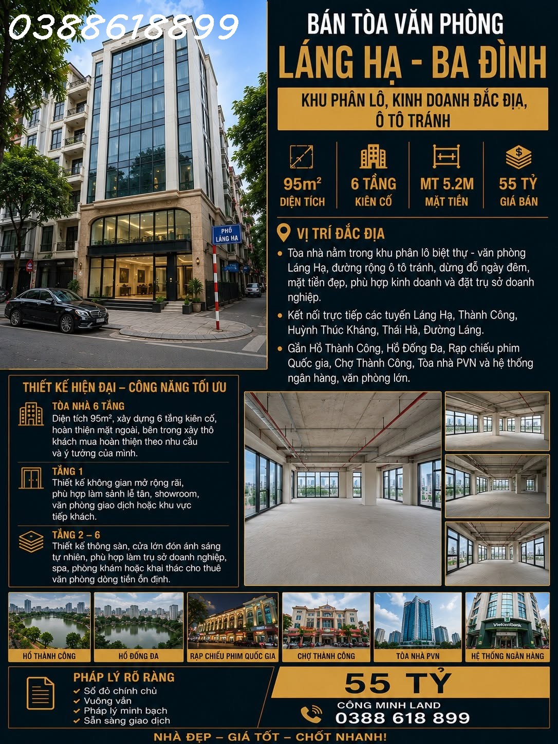 BÁN TÒA VĂN PHÒNG LÁNG HẠ - BA ĐÌNH - KHU PHÂN LÔ, KINH DOANH ĐẮC ĐỊA, Ô TÔ TRÁNH - 95M2 - 6 TẦNG - MT 5.2M - 55 TỶ