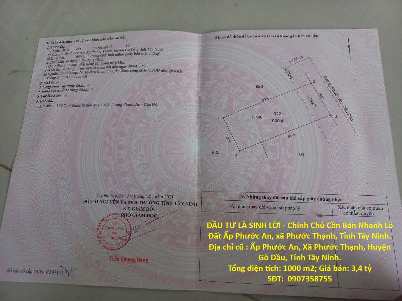 ĐẦU TƯ LÀ SINH LỜI - Chính Chủ Cần Bán Nhanh Lô Đất Ấp Phước An, xã Phước Thạnh, Tỉnh Tây Ninh.