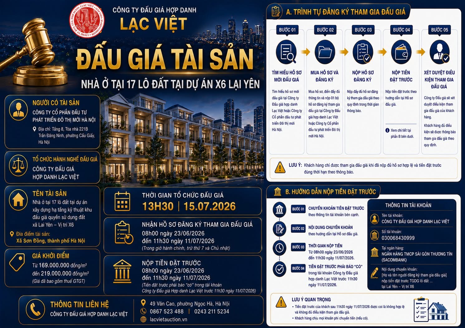 THÔNG BÁO - CÔNG TY ĐẤU GIÁ HỢP DANH LẠC VIÊT ( 0867523488 )
 ĐẤU GIÁ LÔ X6 LẠI YÊN,HÀ NỘI -  CHÍNH THỨC MỞ BÁN HỒ SƠ TỪ NGÀY 23/06/2026