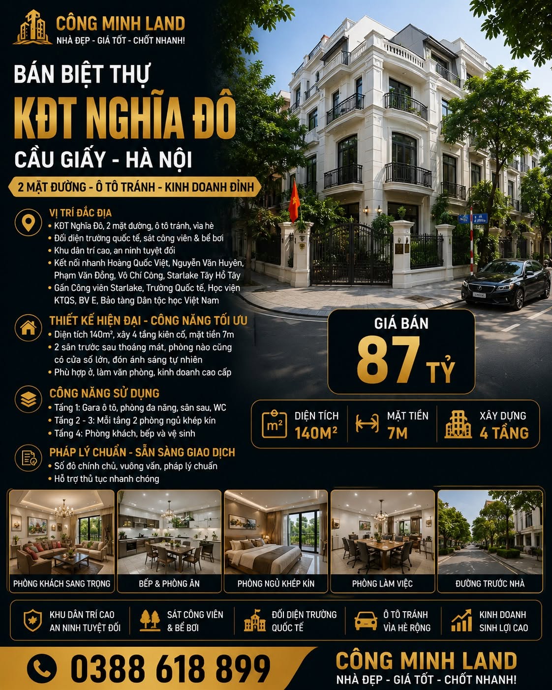 BÁN BIỆT THỰ KĐT NGHĨA ĐÔ - CẦU GIẤY - 2 MẶT ĐƯỜNG, Ô TÔ TRÁNH - KINH DOANH ĐỈNH - 140M2 - MT 7M - 87 TỶ