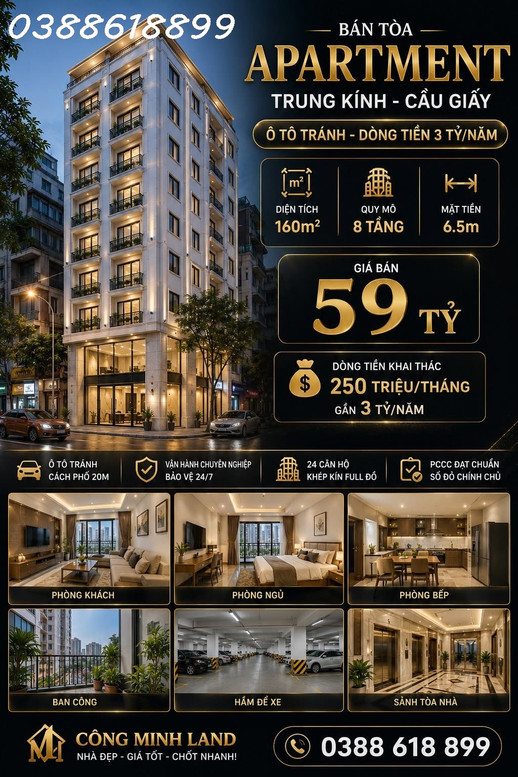 BÁN TÒA APARTMENT TRUNG KÍNH - CẦU GIẤY - Ô TÔ TRÁNH - DÒNG TIỀN 3 TỶ/NĂM - 160M2 - 8 TẦNG - MT 6.5M - 59 TỶ