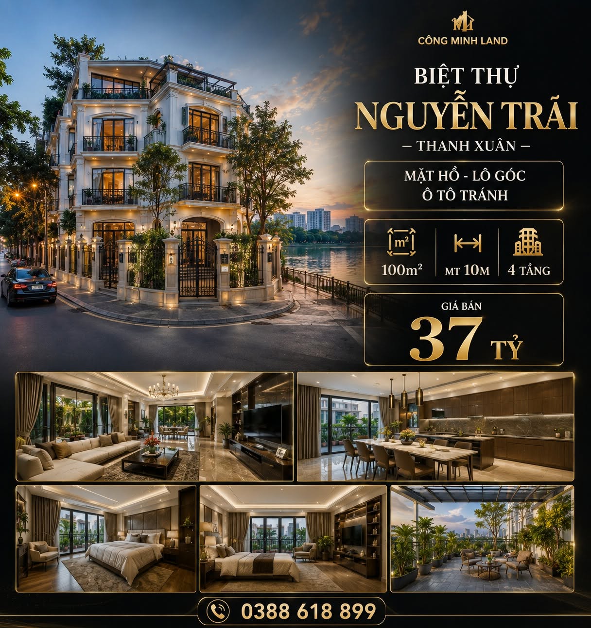BÁN BIỆT THỰ NGUYỄN TRÃI - THANH XUÂN - MẶT HỒ - LÔ GÓC - Ô TÔ TRÁNH - 100M2 - 4 TẦNG - MT 10M - 37 TỶ