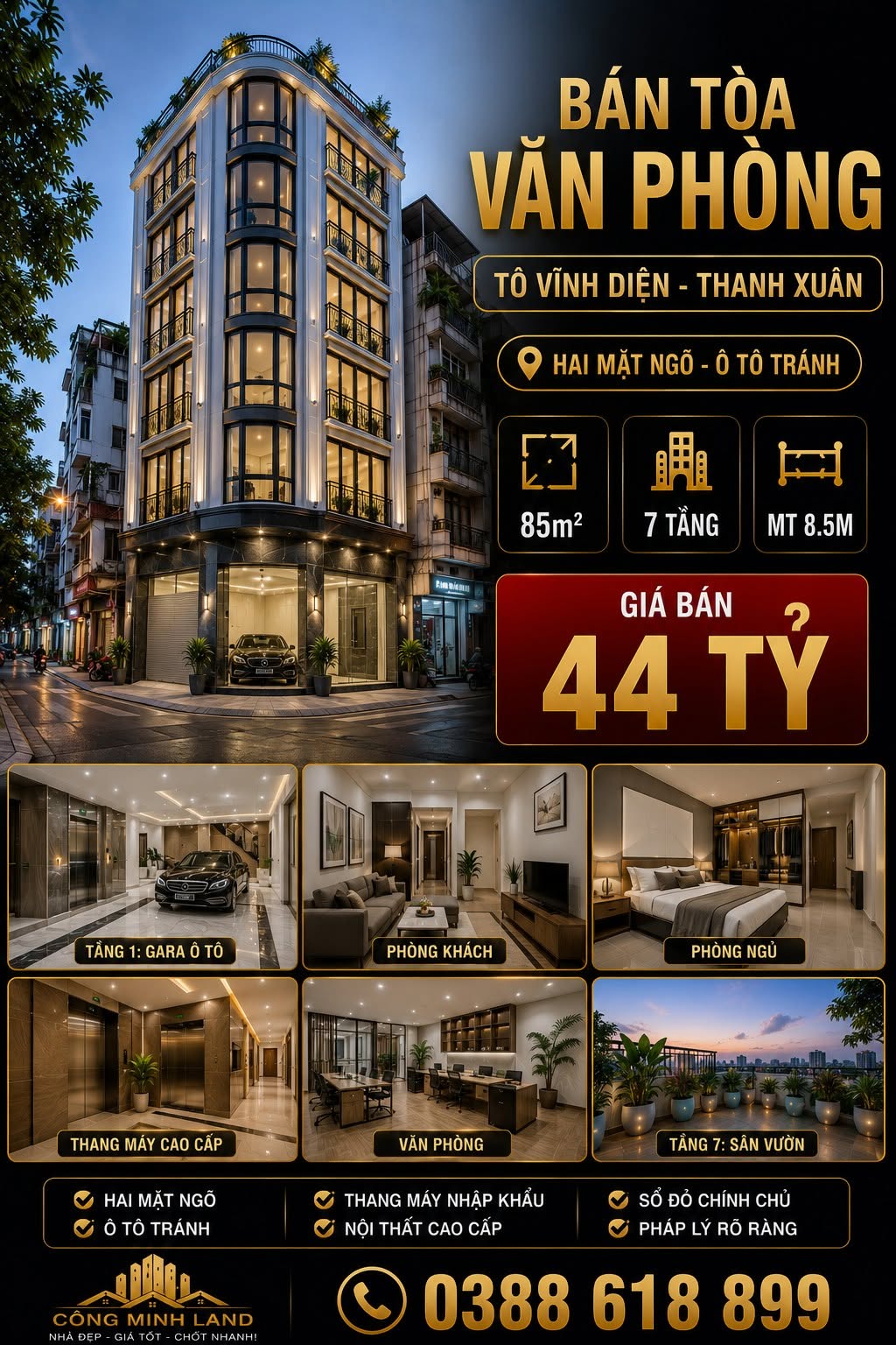 BÁN TÒA VP TÔ VĨNH DIỆN - THANH XUÂN  - Ô TÔ TRÁNH - 85M2 - 7 TẦNG - MT 8.5M - 44 TỶ