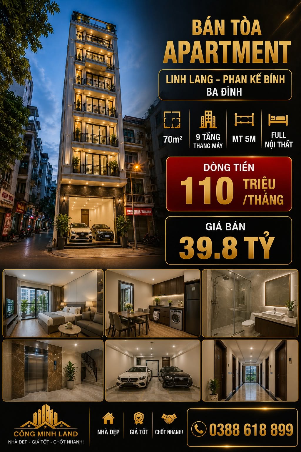 BÁN TÒA APARTMENT LINH LANG - PHAN KẾ BÍNH - BA ĐÌNH - 9 TẦNG TM  - 70M2 - MT 5M - 39.8 TỶ