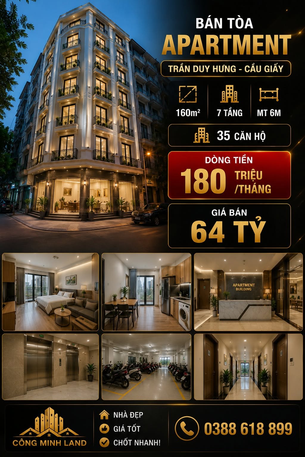 BÁN TÒA APARTMENT TRẦN DUY HƯNG - CẦU GIẤY - Dt 180 TRIỆU/THÁNG -  - 160M² - 7 TẦNG - MT 6M - 64 TỶ