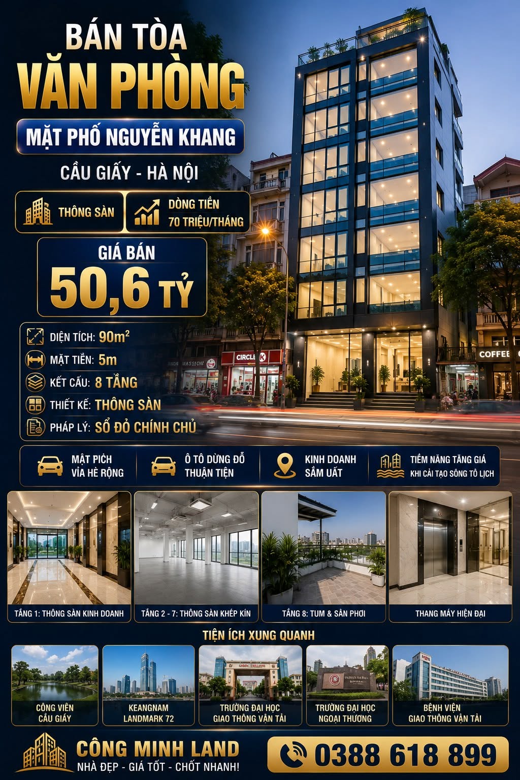 BÁN TÒA VP MẶT PHỐ NGUYỄN KHANG - CẦU GIẤY - DT 70 TR/TH - 90M² - 8 TẦNG - MT 5M - 50,6 TỶ
