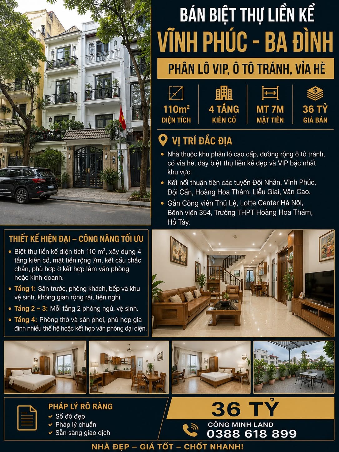 BÁN BIỆT THỰ LIỀN KỀ VĨNH PHÚC - BA ĐÌNH - PHÂN LÔ VIP, Ô TÔ TRÁNH, VỈA HÈ - 110 M2 - MT 7M - 36 TỶ