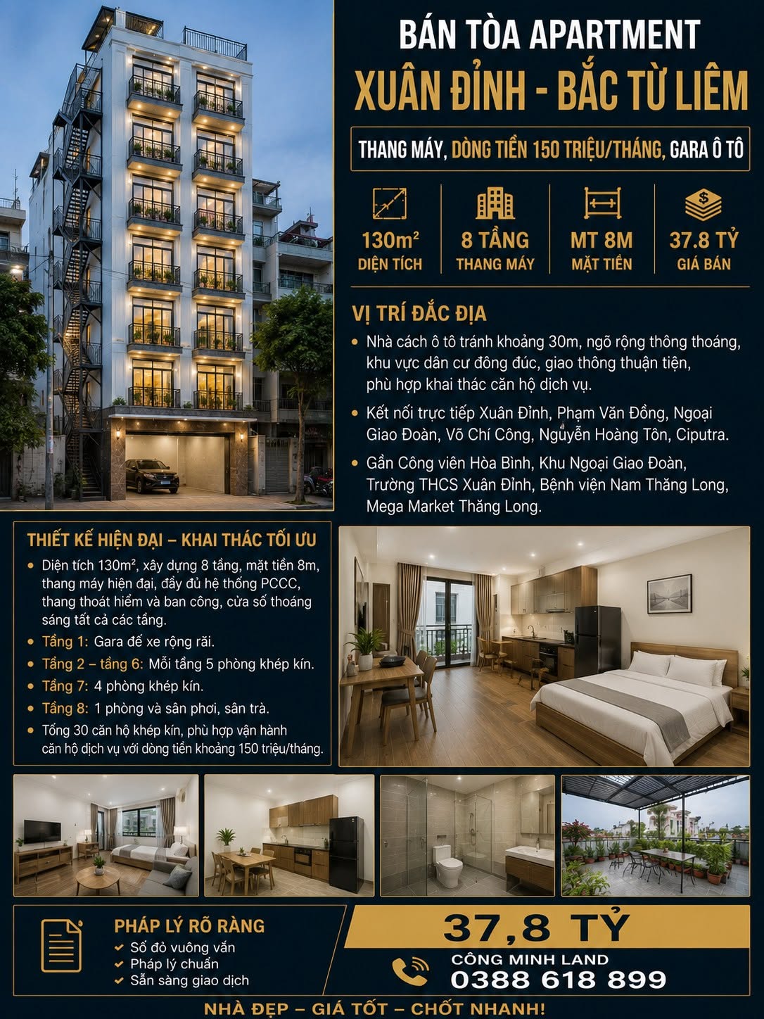 BÁN TÒA APARTMENT XUÂN ĐỈNH  - DT 150 TR/TH, GARA Ô TÔ - 130M2 - 8 TẦNG - MT 8M - 37.8 TỶ
