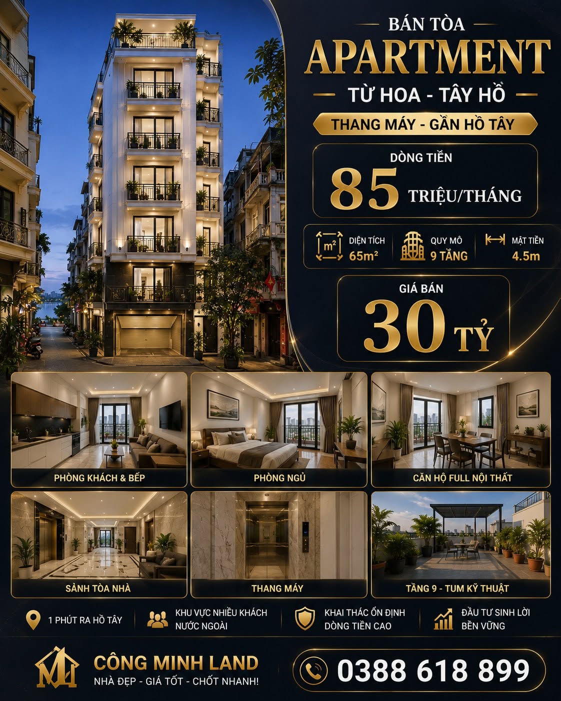 BÁN TÒA APARTMENT TỪ HOA - TÂY HỒ - THANG MÁY - GẦN HỒ TÂY - DÒNG TIỀN 85 TRIỆU/THÁNG - 65M2 - 9 TẦNG - 30 TỶ