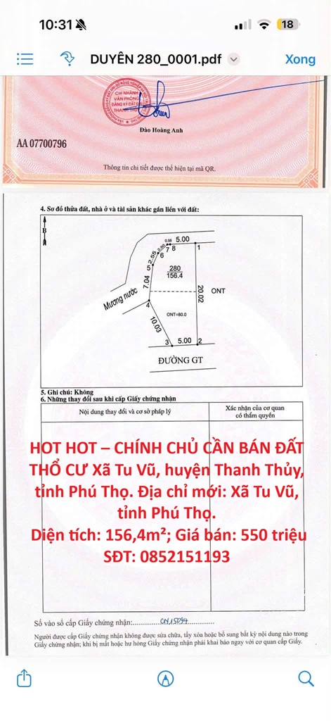 HOT HOT – CHÍNH CHỦ CẦN BÁN ĐẤT THỔ CƯ Xã Tu Vũ, huyện Thanh Thủy, tỉnh Phú Thọ
