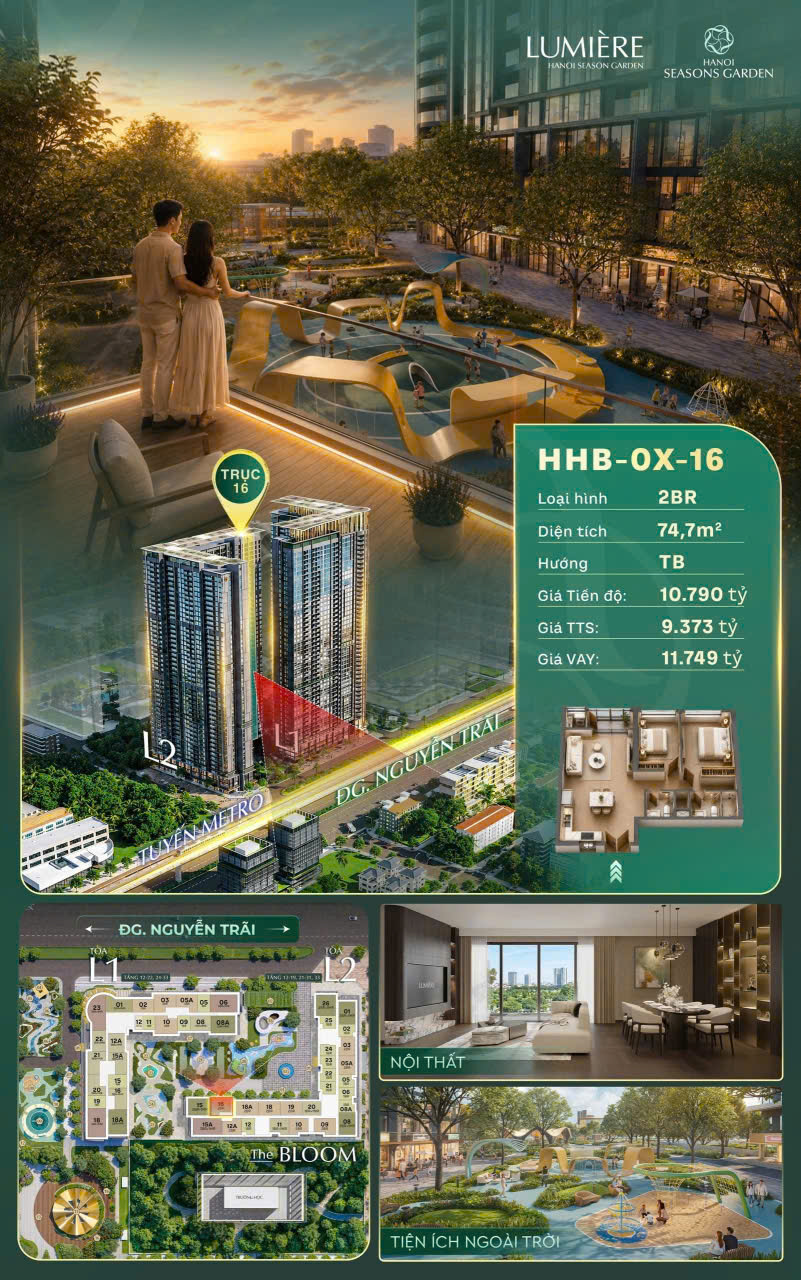 ✨ MỞ BÁN SIÊU PHẨM CĂN 2PN TẠI LUMIÈRE HANOI SEASONS GARDEN: Sở hữu căn hộ 2PN , diện tích 74,7m², tọa lạc tại trục căn đẹp tòa L2, ôm trọn tầm nhìn công viên The Bloom xanh mát và tuyến Metro hiện đại.