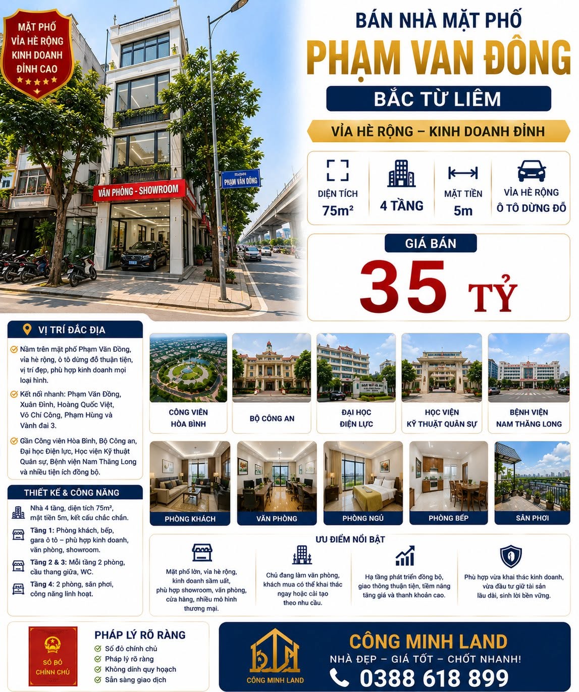BÁN NHÀ MẶT PHỐ PHẠM VĂN ĐỒNG - BẮC TỪ LIÊM - KD ĐỈNH - 75M² - 4 TẦNG - MT 5M - 35 TỶ