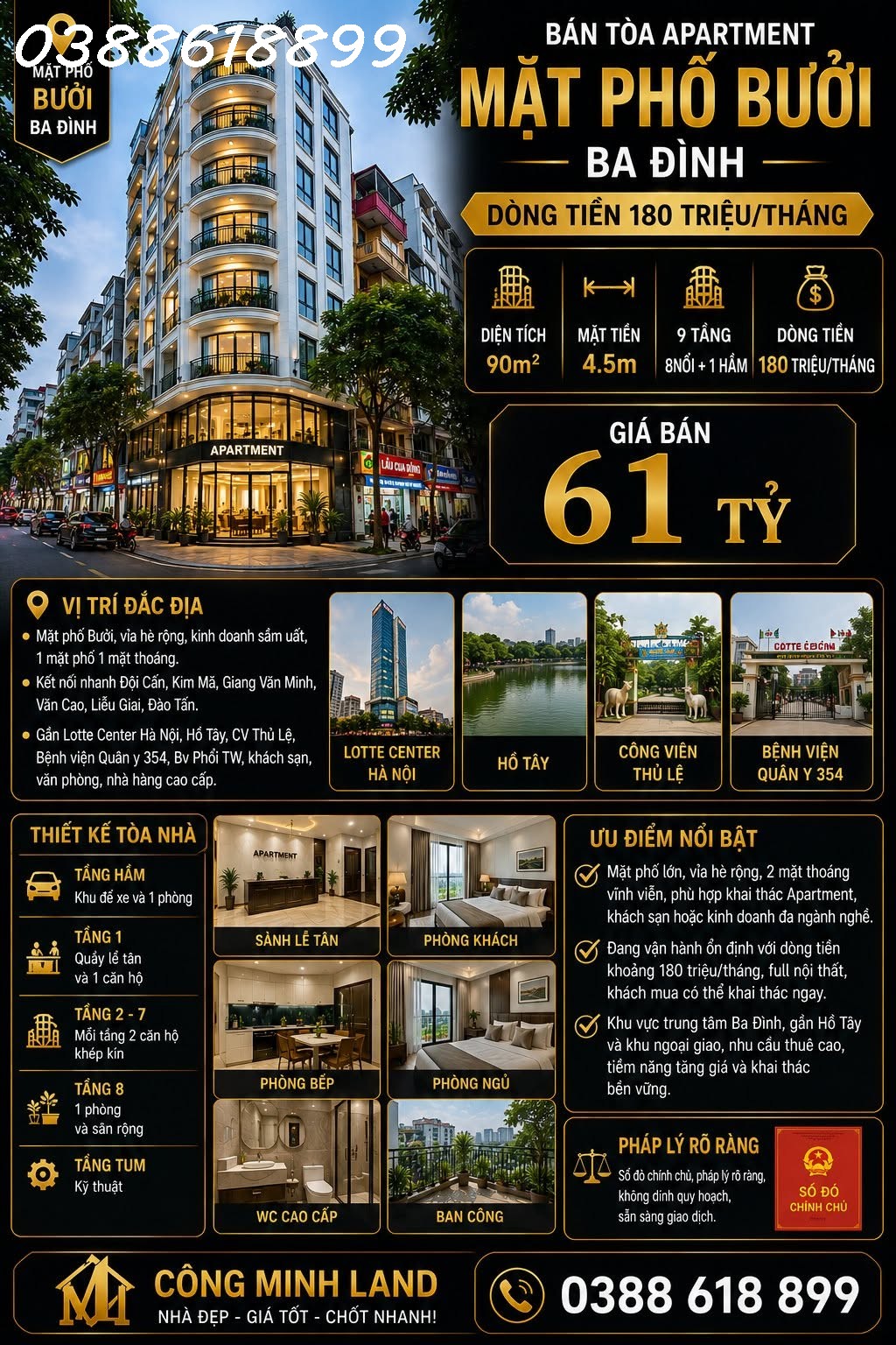 BÁN TÒA APARTMENT MẶT PHỐ BƯỞI - BA ĐÌNH - DT 180 TR/TH - 90M2 - 9 TẦNG - MT 4.5M - 61 TỶ