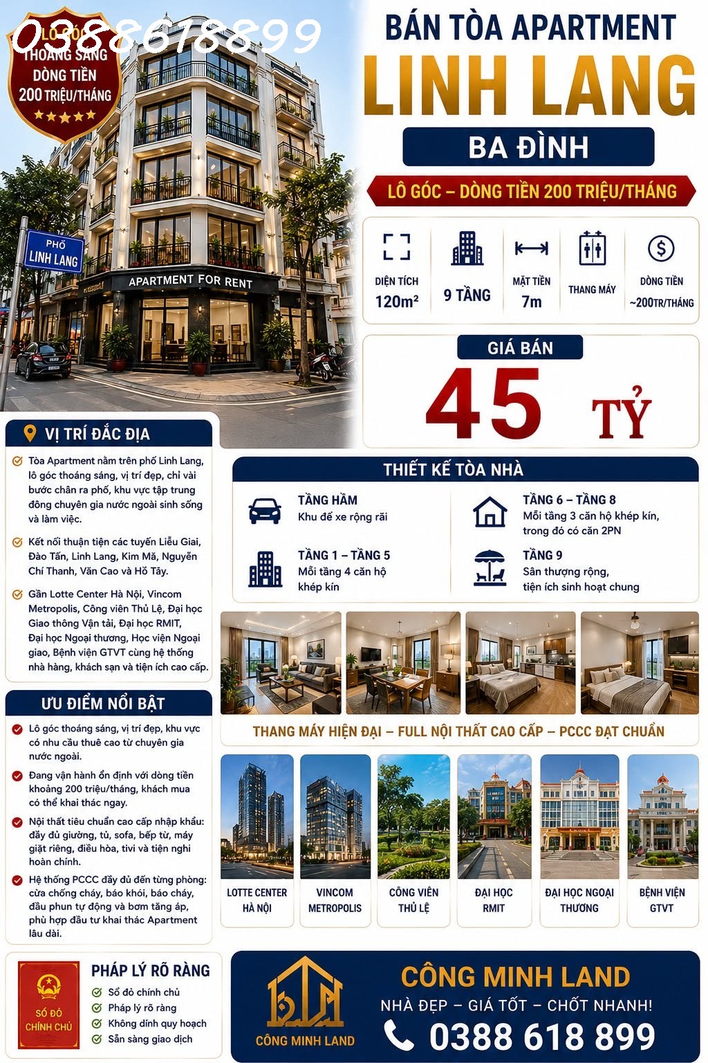 BÁN TÒA APARTMENT LINH LANG - BA ĐÌNH - LÔ GÓC - DT 200 TR/TH - 120M² - 9 TẦNG - MT 7M - 45 TỶ