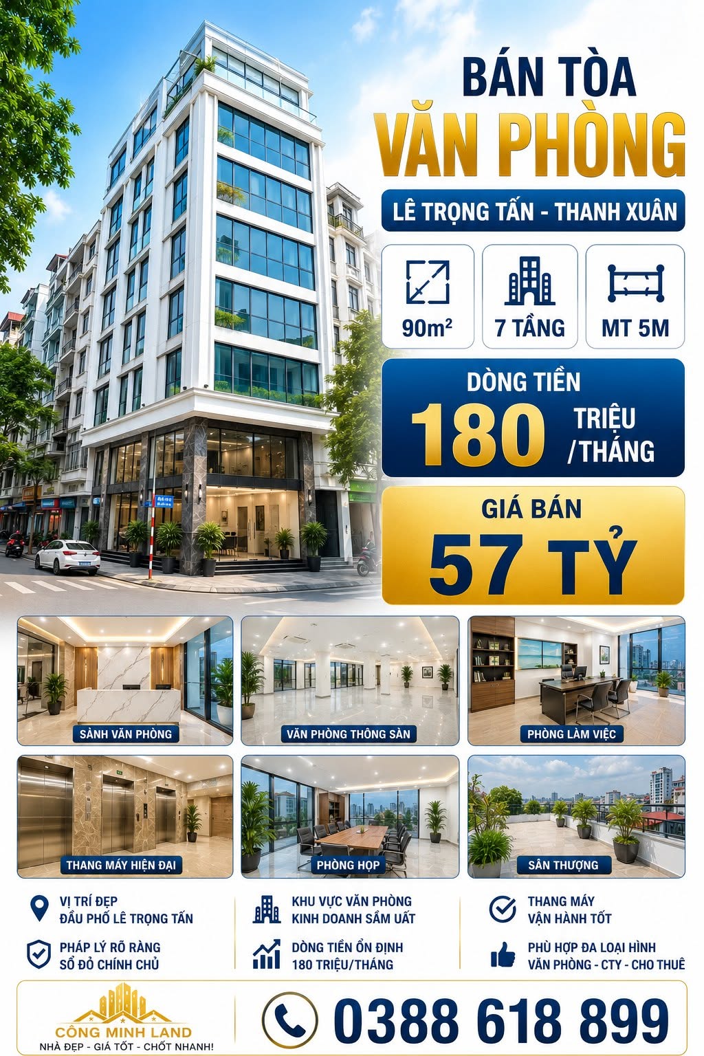 BÁN TÒA VĂN PHÒNG LÊ TRỌNG TẤN - THANH XUÂN - THANG MÁY - DT 180 TR/TH - 90M² - 7 TẦNG - MT 5M - 57 TỶ