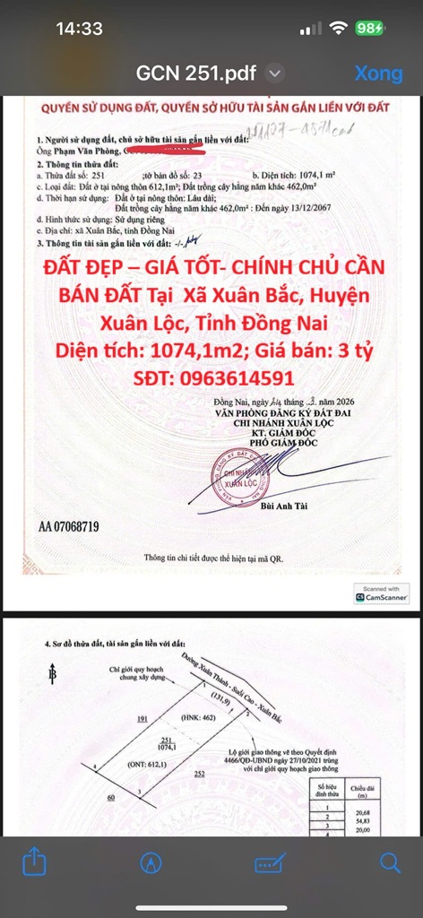 ĐẤT ĐẸP – GIÁ TỐT- CHÍNH CHỦ CẦN BÁN ĐẤT Tại  Xã Xuân Bắc, Huyện Xuân Lộc, Tỉnh Đồng Nai