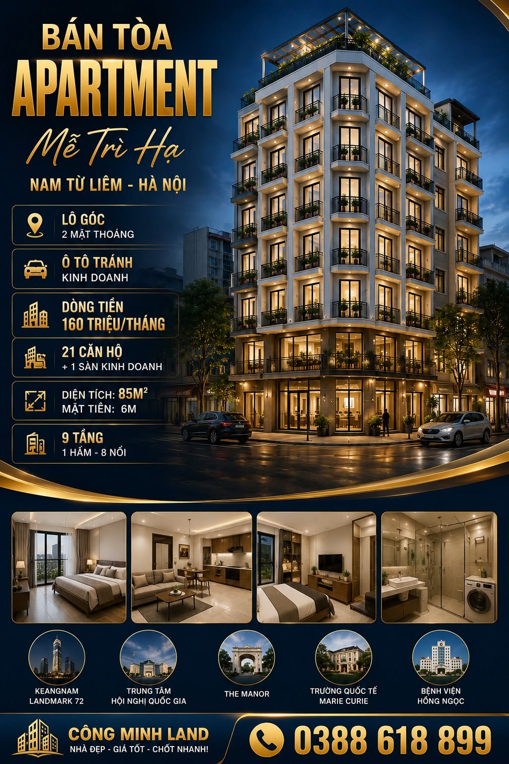 BÁN TÒA APARTMENT MỄ TRÌ - NAM TỪ LIÊM - LÔ GÓC - Ô TÔ KD - DT 160 TR/TH - 85M² - 9 TẦNG - MT 6M - 44,5 TỶ