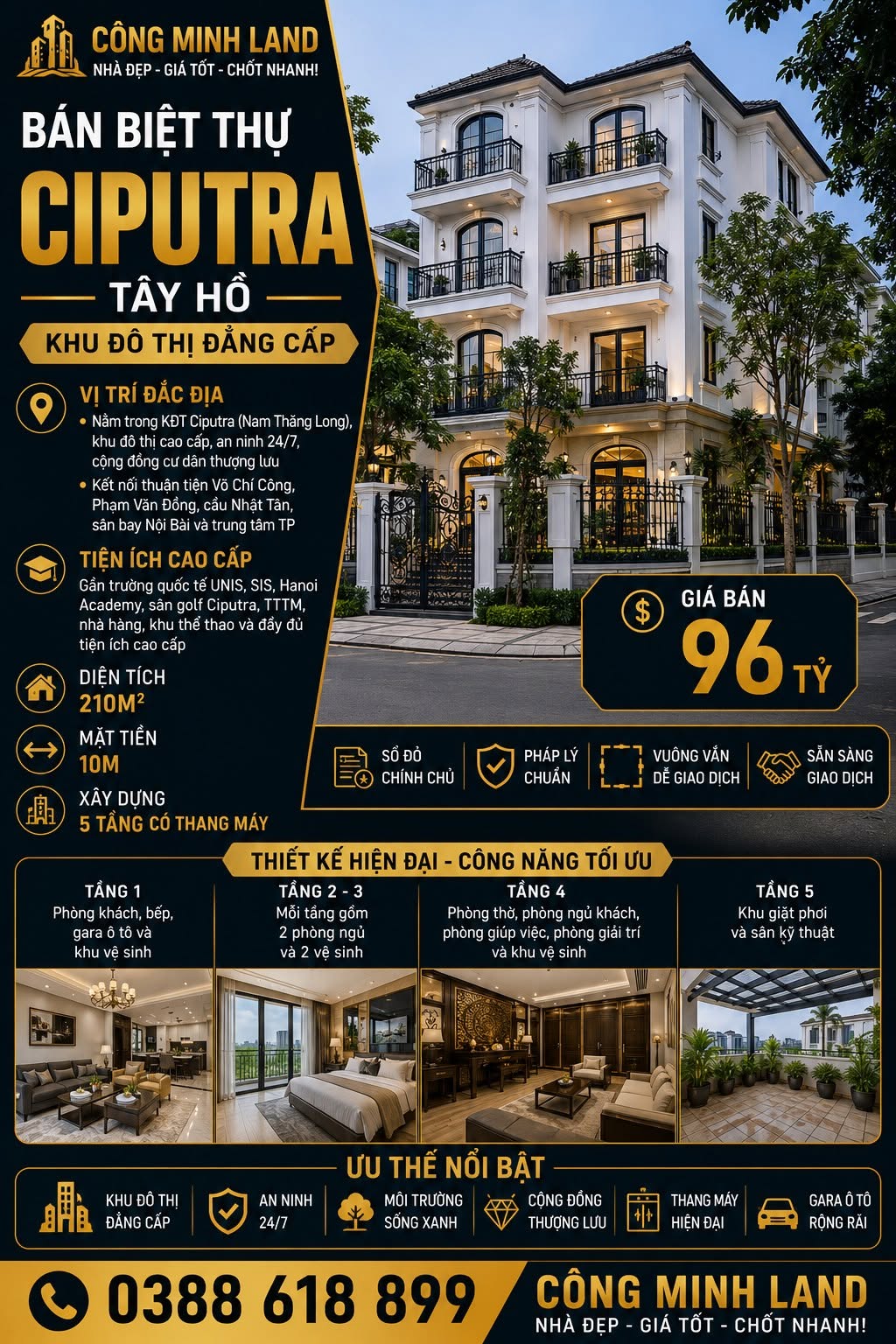BÁN BIỆT THỰ CIPUTRA - TÂY HỒ - THANG MÁY - 210M2 - 5 TẦNG - MT 10M - 96 TỶ
